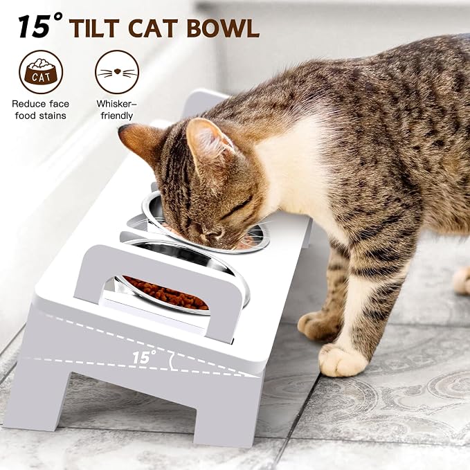 Bamboo Elevated Cat Bowls, 3 Stainless Steel Raised Cat Bowl with Stand, 15°Tilted Cat Feeding Station, Cat Food and Water Bowl Set for Small Cats, Anti Vomitting, Whisker Fatigue (Natural) (White)