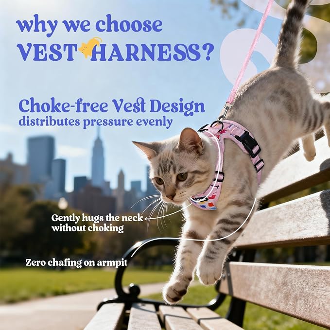 rabbitgoo Cat Harness and Leash Set, Escape Proof Vest, Purrty Pink | Soft Breathable Mesh, Easy Adjustable Fit, Snap Buckles, Sturdy Clip, Reflective Strips, for Medium to Large Cats Walks, M
