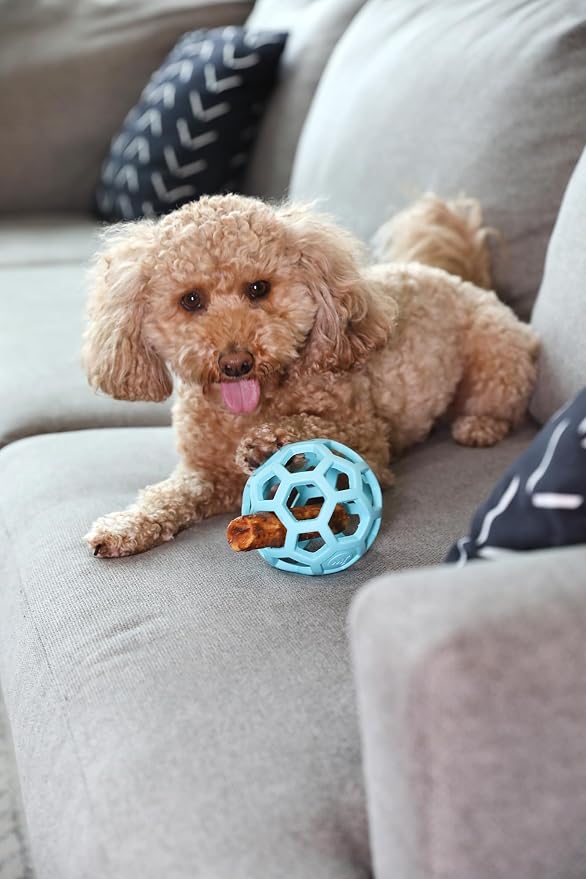 JW Pet HOL-ee Roller Dog Puzzle Ball, Medium 4.5in, Natural Rubber, Blue | Puzzle Ball Design Dog Toy for Interactive Play and Chasing Fun