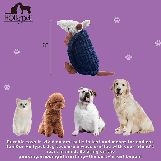 Hollypet Armadillo Squeaky Puppy Dog Toys for Small Medium Dogs, 8" | plush stuffed small dog squeak animal toy with unique grunt squeaker textured fabric for teeth cleaning toys