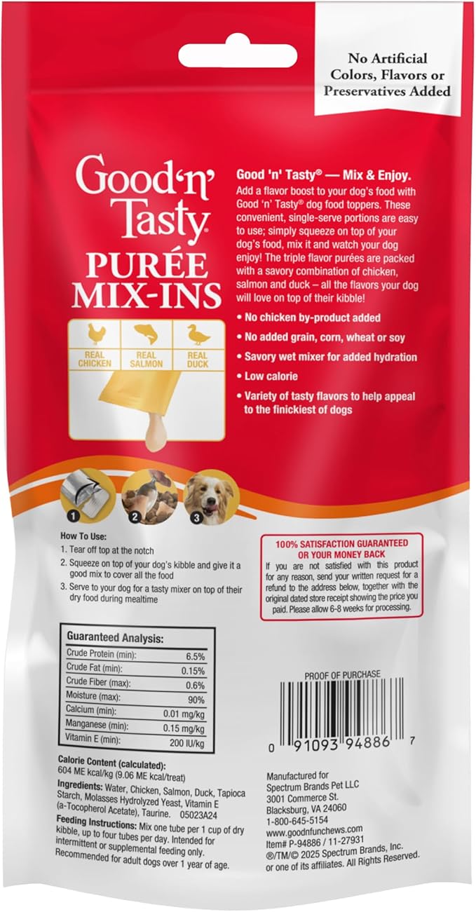Good 'n' Tasty Triple Flavor Puree Mix-Ins Dog Food Topper Treats for All Dogs, 7 Count, Easy Single-Serve Portions, Added Protein with Chicken, Salmon and Duck