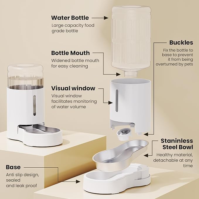 CZPET Dog Water Bowl Dispenser 7L, Wider Mouth & Upgraded Brush for Easy Cleaning Automatic Cat Gravity Refilling Waterer with Removable Stainless Steel Bowl, Large Drinking Area for Multi-Pet (White)