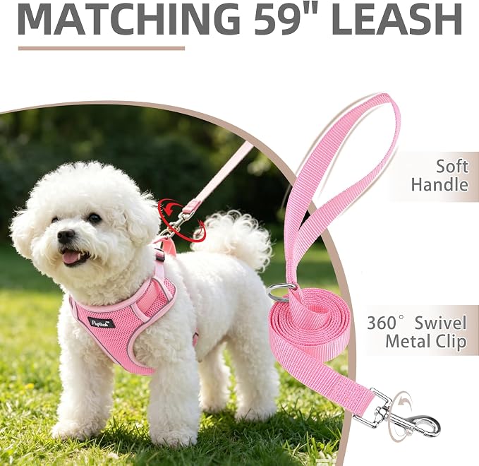 PUPTECK Dog Harness and Leash Set, No Pull Adjustable Pet Small Dog Harness, Reflective Soft Mesh Pet Vest, for Small Medium Dogs Walking, Pink, XS