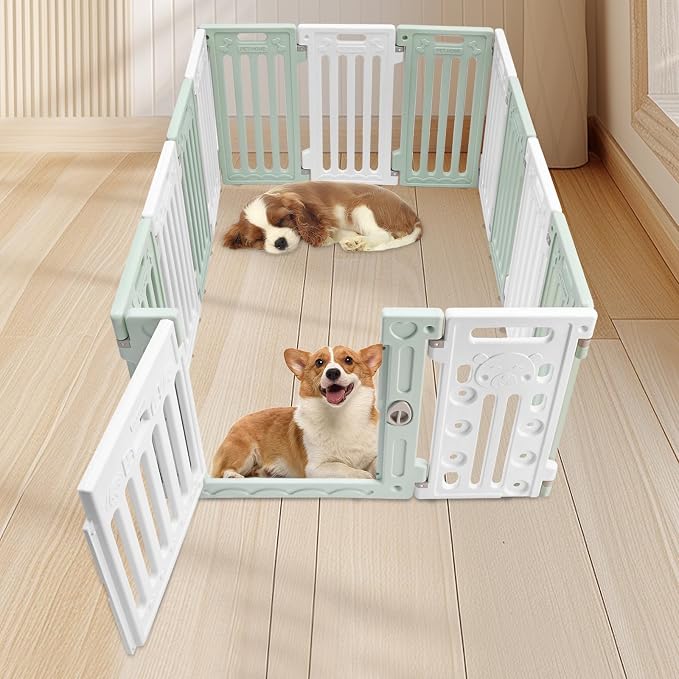 Pop Up Dog Playpen, Foldable Pet Playpen (Green and White) | HDPE Material, for most puppies small or medium dogs