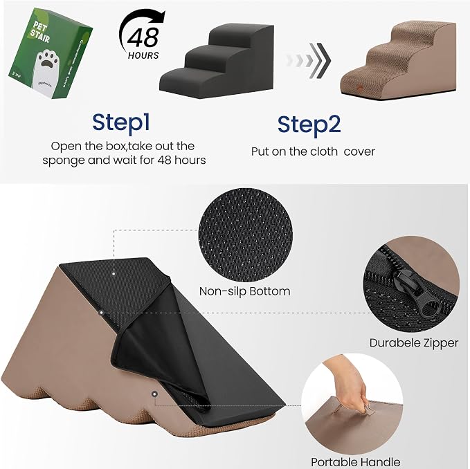 GoGoBunny Ramp Dog Stairs for High Beds 22.6" H, 5-Step Dog Slope Stairs with Durable Waterproof Fabric Cover, Pet Steps for Old Large Dogs Climbing, Non-Slip Sturdy Indoor Step, Camel