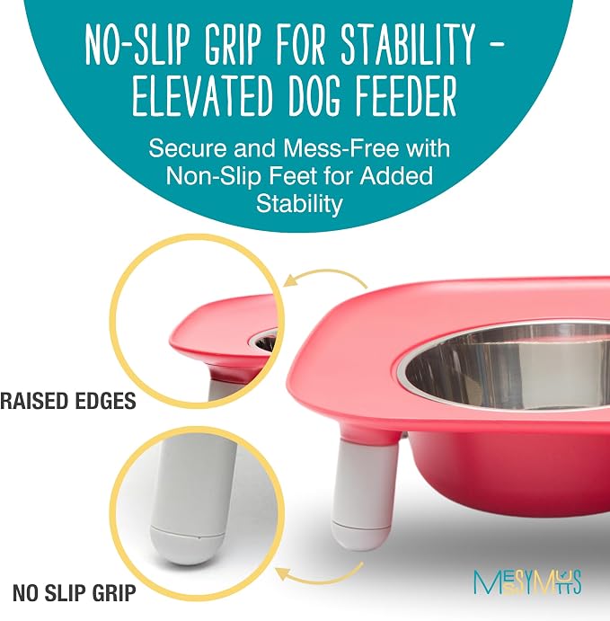 Messy Mutts Elevated Double Dog Feeder, Adjustable Height, Watermelon | Adjustable-Height Elevated Double Dog Feeder With Two 5 Cup Stainless Bowls, Legs Set To 3, 5, Or 10 Inches