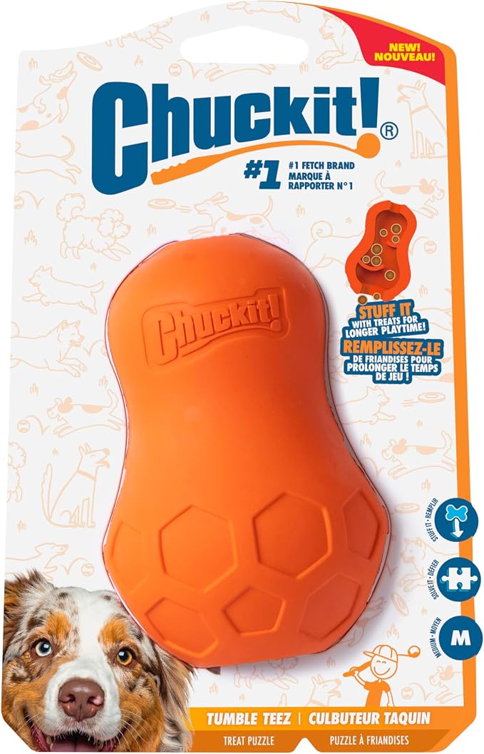 Chuckit! Tumble Teez Dog Treat Puzzle Toy, Medium, Orange – Interactive Tumble‑Shaped Treat & Chew Puzzle Pod for Dogs 20–60 lb – Durable Rubber Fetch Toy with Interior Treat Chamber – Pack of 1