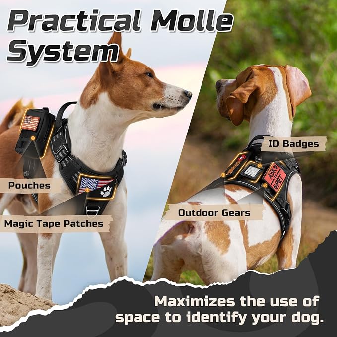 rabbitgoo Tactical Dog Harness for Medium, No Pull Military Service Vest | Molle & Handle, Heavy Duty, Adjustable, Reflective Straps, Easy Control for Training Walking, Black, Medium