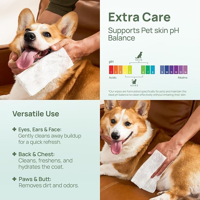 HICC PET Dog Wipes Cleansing Deodorizing, Nourishes Fur & Eliminates Odors, Pet Cat Cleaning Wipes for Paws and Butt - 75ct