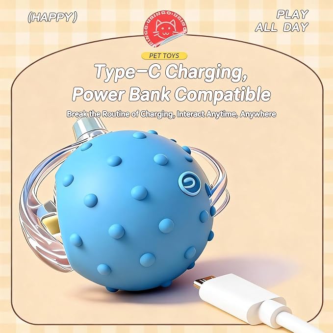 Interactive Cat Toy, Auto Chirping Ball w/ 3 Tails, Self Play Indoor | USB-C charge, 2 modes, obstacle avoid, soft TPE tails, quiet, LED, durable ABS, boredom relief blue