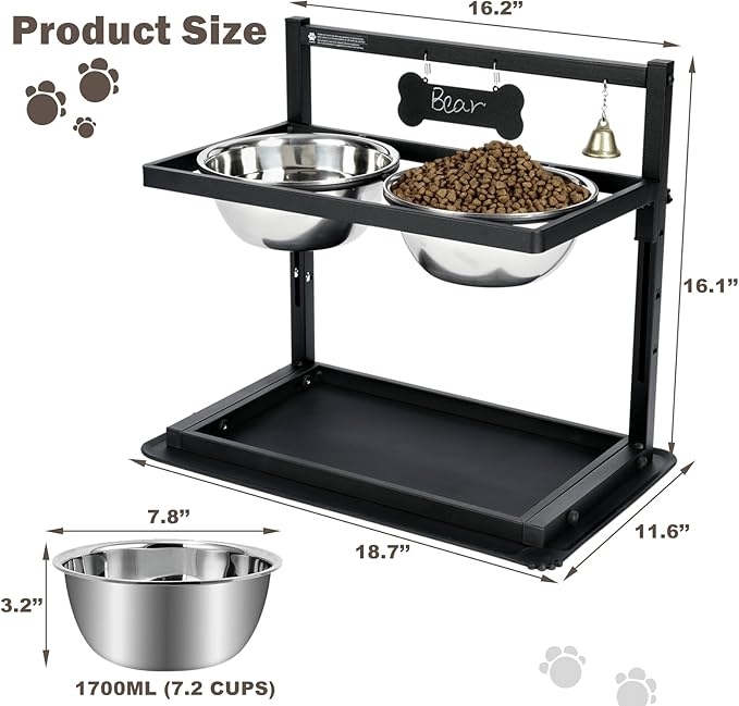 Elevated Dog Bowls with Slow Feeder for Large Dogs – Adjustable Raised Stand with 2 Stainless Steel Bowls & Spill-Proof Mat, Non-Slip Dog Feeder for Large & Medium Dogs (Black)