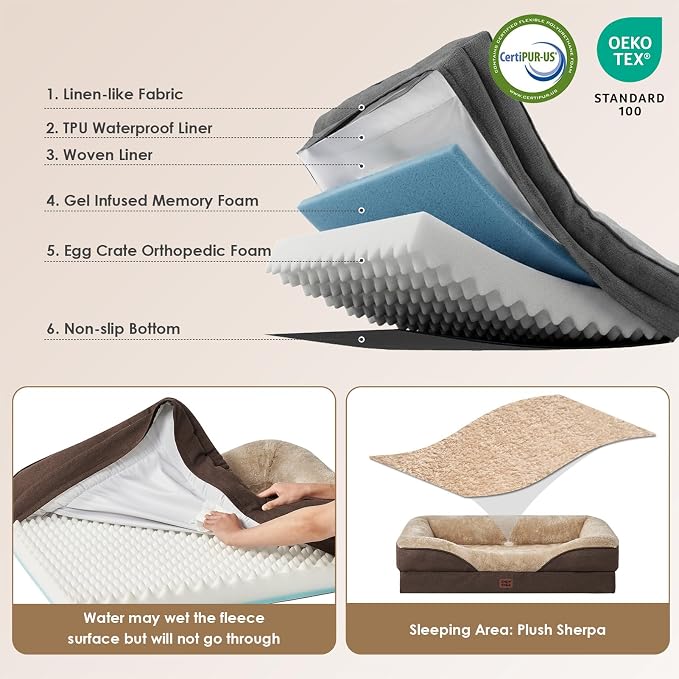EHEYCIGA Orthopedic Memory Foam Dog Bed - Large 36x27in, Brown