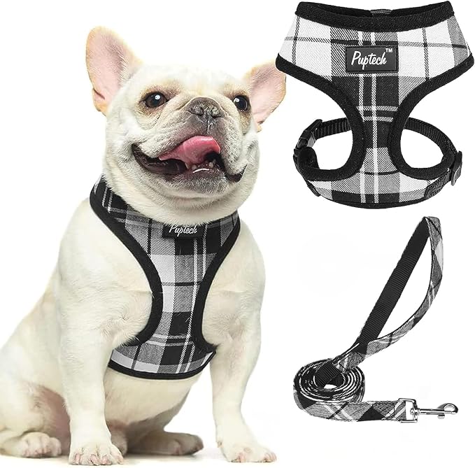 PUPTECK Soft Mesh Dog Harness and Leash Set Pet Puppy Cat Comfort Padded Vest No Pull Harnesses, Black&White, S