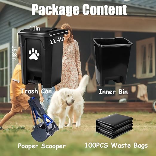 Outdoor Dog Poop Trash Can with Lid, Dog Waste Trash Can Pet Waste Container Pooper Scooper for Yard Garden Kitchen with Removable Inner Bin, Large Garbage Bag, Black
