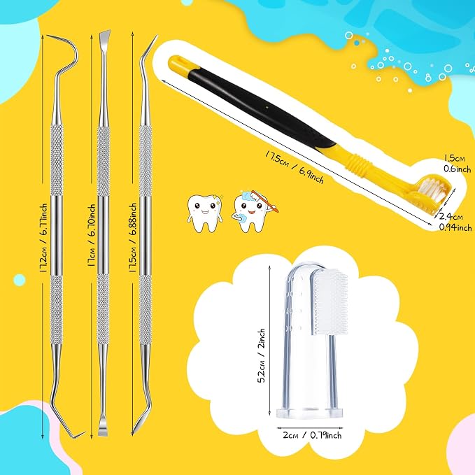 CHENGU 7 Count Dog Teeth Cleaning Kit Includes Tooth Scaler and Tarter Remover Scraper 3 Head Pet Toothbrush and Dog Finger Toothbrush Plaque Remover Tools(Classic Style,Black Yellow and Dark Green)