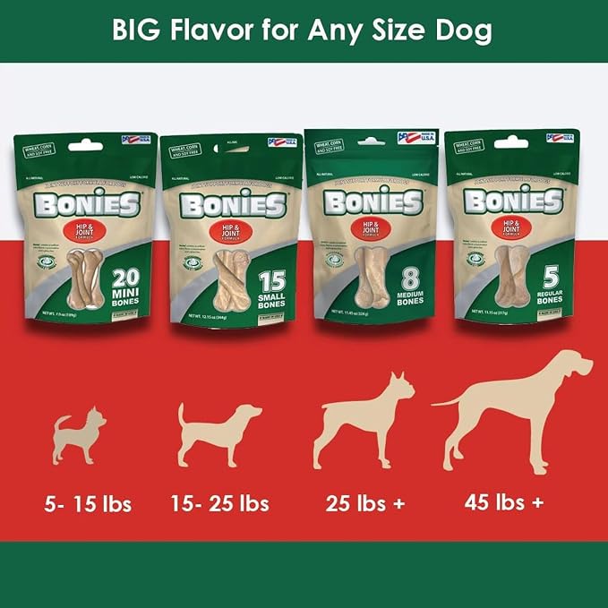 Bonies Natural Hip & Joint Formula Minis-Sized Single Bone, Glucosamine & Omega Fatty Acids, Fresh Breath, Clean Teeth, Low Calories, Chicken Flavor, MINI Dogs, 20 Bones