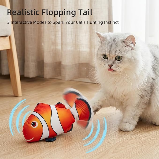 Flopping Fish Cat Toy, Interactive Moving Plush Cat Kicker Toy with Catnip Pocket, USB Rechargeable Automatic Wiggle Clownfish Toy for Indoor Kitten & Small Dogs, Single Clownfish（9.84Inch）
