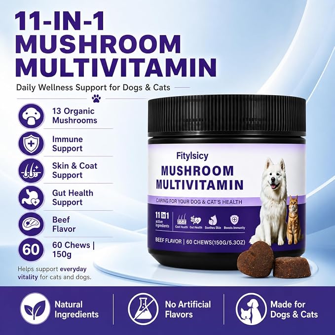 Mushroom Supplement for Dogs & Cats, 11-in-1 Pet Multivitamin Soft Chews, 13 Organic Mushrooms with Glucosamine, Chondroitin, MSM & Omega-3, Immune, Gut, Joint, Skin & Coat Support, Beef, 60 Count