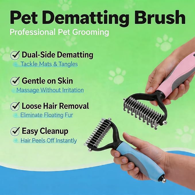 Dog Finger Toothbrush Combo& Undercoat Rake Brush for Dogs and Cats, Double Sided Shedding and Dematting Tool for Long Haired Pets, Extra Wide Grooming Brush with Flea (Blue)