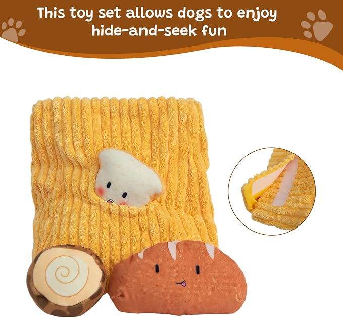 Hollypet Squeaky Hide and Seek Dog Toys for Small and Medium Dogs, Bread | Interactive Plush Stuffed Dog Squeak Toys for Small Medium Sized Dogs and Non-Aggressive Chewers, Puppy Teeth Clean Chew Toys