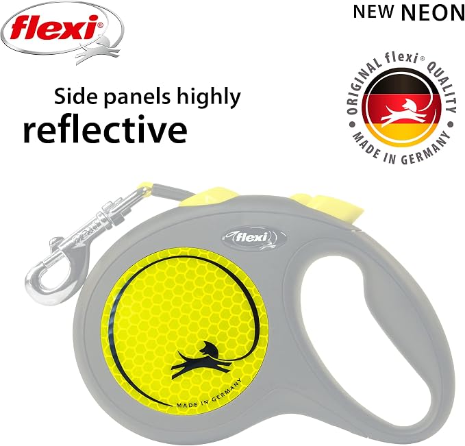 FLEXI® Neon Tape Retractable Dog Leash, Large, 16 ft - Neon Yellow/Black | German engineered, original flexi leash, durable quality for dogs up to 110 lbs, tangle-free, walking, reliable brake system