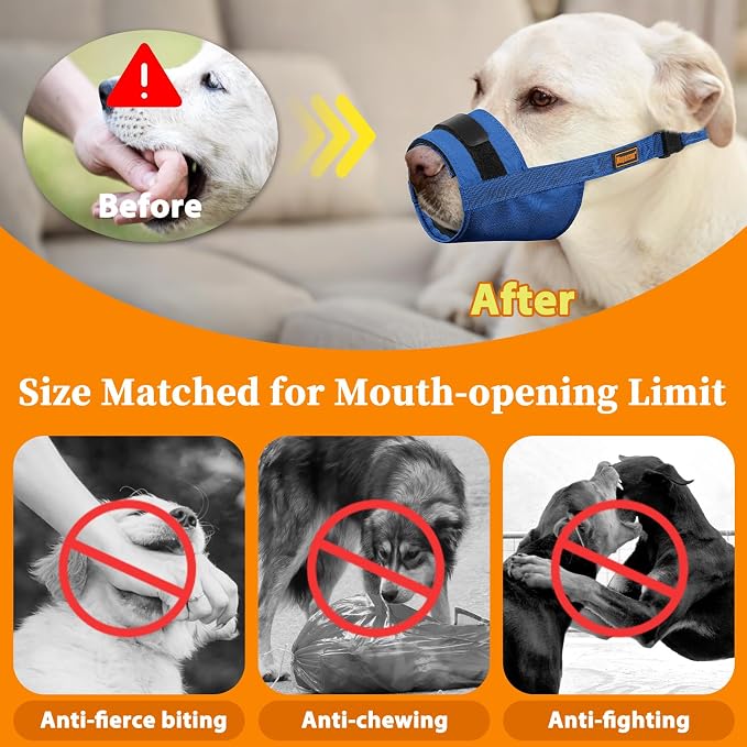 Adjustable Dog Muzzle, Fabric Medium Large Dog Muzzle Anti Biting | Soft & Sturdy, Prevents Fierce Barking Chewing, Grooming Walking Vet Visits Nail Care Use, Allows to Pant & Drink | Blue, L