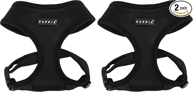 Puppia Soft Dog Harness No Choke Over-The-Head Triple Layered Breathable Mesh Adjustable Chest Belt and Quick-Release Buckle, Black, Small (Pack of 2)