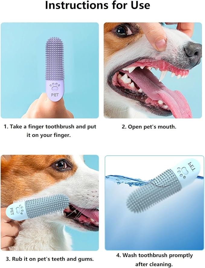 Silicone Finger Toothbrush for Dogs & Cats - 360° Oral Care, Breath Freshening, Tartar & Stain Removal, Food-Grade Soft, Long Design, Reusable, for S/M/L Pets (Light Blue 4-Pack)
