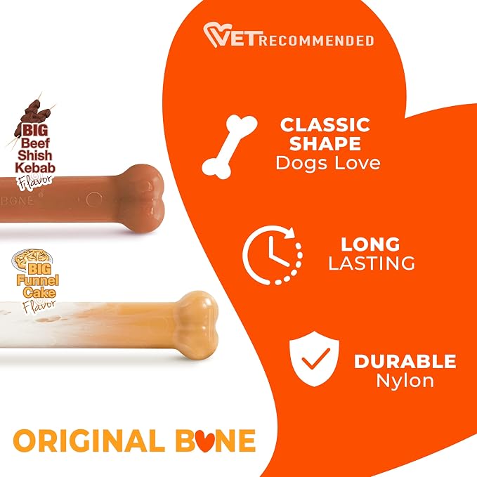 Nylabone Power Chew Original Bone Dog Chew Toys, Large, 2 Count | Funnel cake and shish kabob flavors, durable chew toys, discourages destructive chewing, for dogs up to 50 pounds
