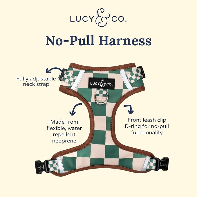 Lucy & Co. Cute No-Pull You're a Square Harness - Stop Pulling & Walk Easy - Harness Available in XS-XL for Small, Medium, and Large Dogs (X-Large, White & Green Checks)