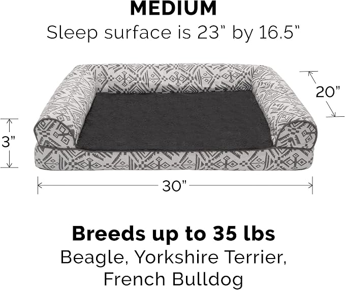 Furhaven Memory Foam Dog Bed for Medium/Small Dogs w/ Removable Bolsters & Washable Cover, For Dogs Up to 35 lbs - Plush & Southwest Kilim Woven Decor Sofa - Boulder Gray, Medium