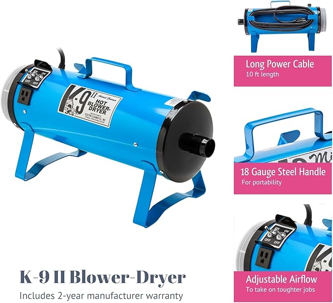 Electric Cleaner Company K9 II Dog Blow Dryer - High Power Grooming Dryer, Heavy Duty, 10' Hose, Deshedding, Lime Green