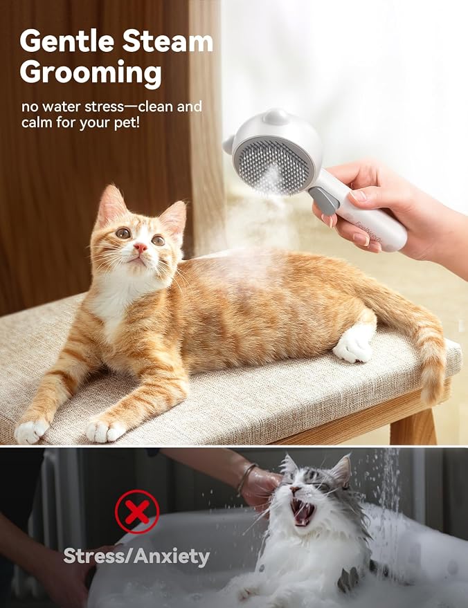 Cat Steam Brush, Brushes for Indoor Cats with Release Button, Undercoat Removal Grooming Supplies, Dual Spray USB Rechargeable, Cat Brush for Shedding for All Long-haired and Short-haired Pets