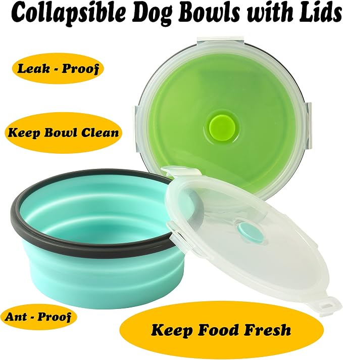 Large Collapsible Travel Dog Bowls, 2 Pack with Lids, 40oz