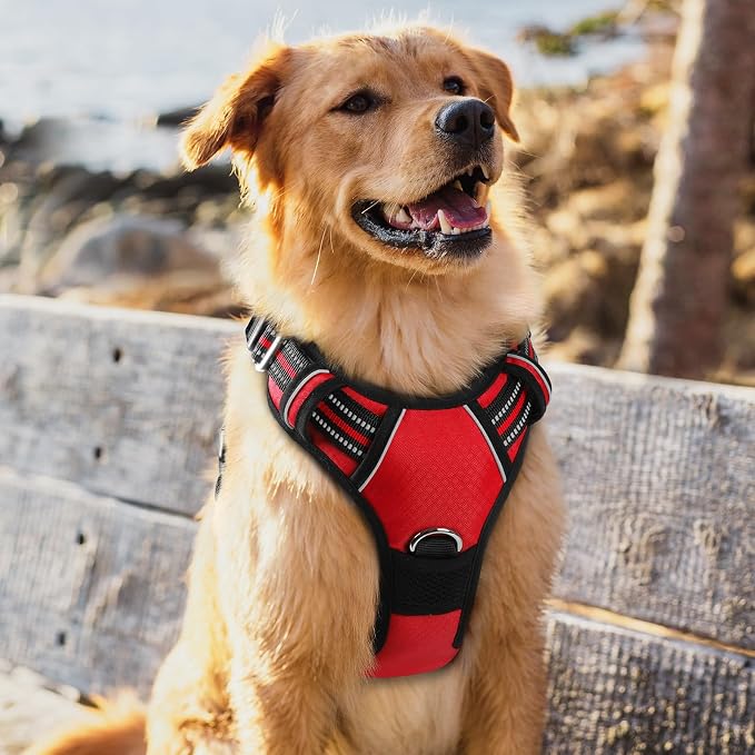 rabbitgoo Dog Harness for Large, No Pull 3 Buckles Easy On & Off | Soft Padded, Walking with Control Handle, Adjustable and Reflective, Red, X-Large