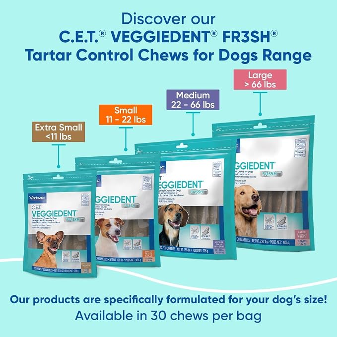Virbac CET Veggiedent FR3SH Tartar Control Chews for Dogs Large (30 count), Brown, 2.22 Pound (Pack of 1)