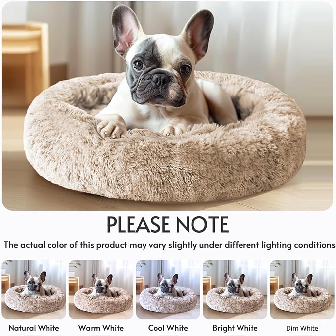 JOLLYVOGUE 27" Calming Donut Dog & Cat Bed, Cream Brown