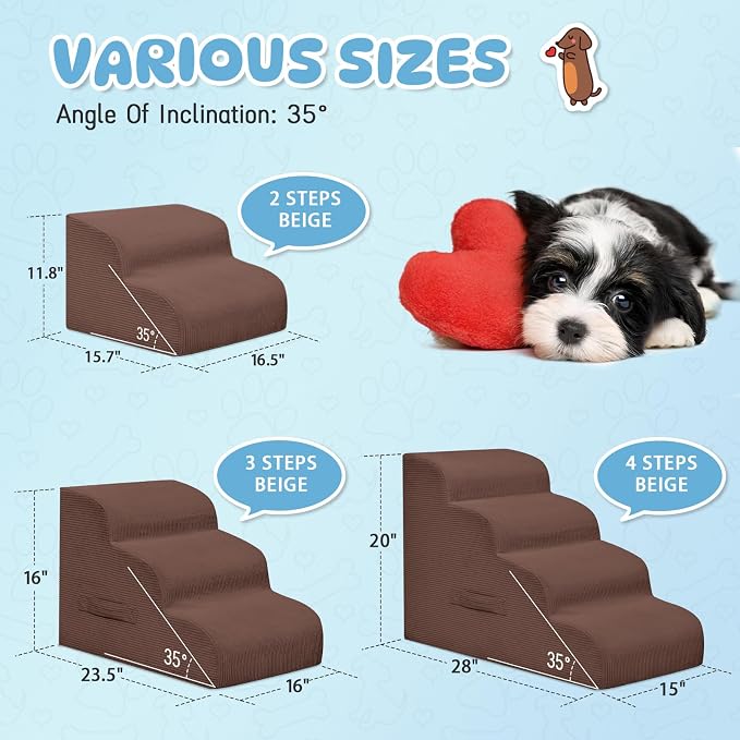 Mesa Lemon Dog Stairs & Steps for High Beds, 2 Steps High Density Foam Waterproof Dog Ramp for Small Dogs and Cats, Pet Stairs with Washable Cover for Bed, Couch, Sofa and Car, Coffee (H: 11.8")