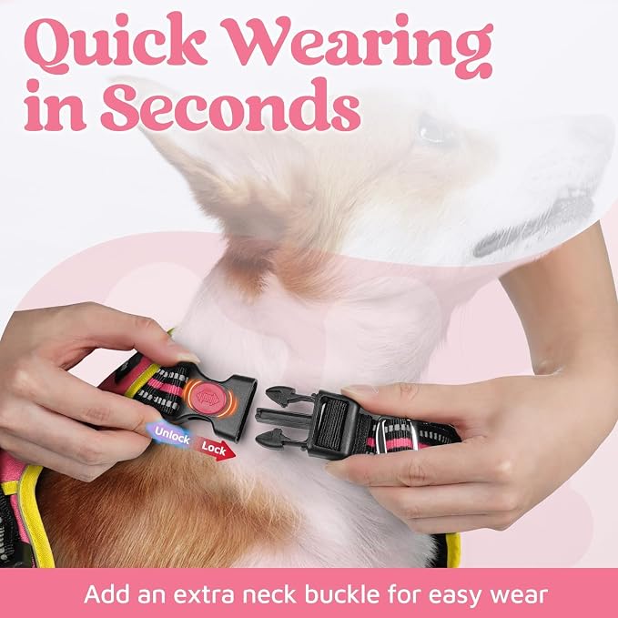 rabbitgoo Dog Harness Medium Sized, No Pull 3 Buckles Easy On & Off | Soft Padded, Walking with Control Handle, Adjustable and Reflective, Pink & Yellow, Medium