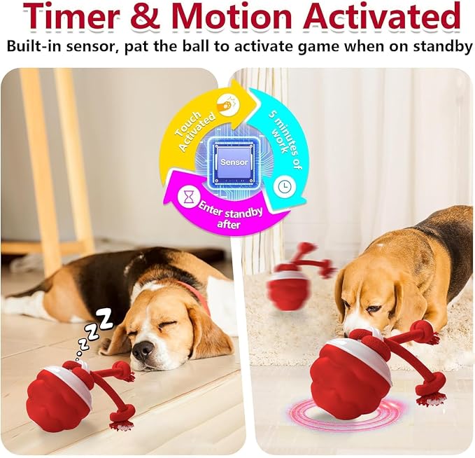 Interactive Dog Toys Ball - Fun Moving Dog Toys to Keep Them Busy | Smart Jumping Ball for Dogs with Three Modes, Rechargeable Automatic, Knot Design, Bite-Resistant and Teeth-Cleaning (Red)