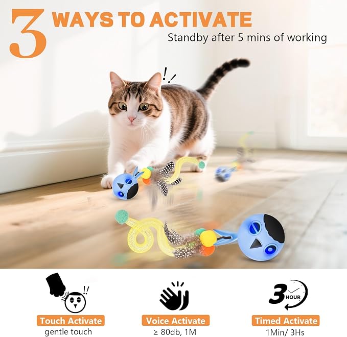 Cat Ball Toy, Upgraded Smart Motion Sensor Moving Ball with 3 Speed Modes & 4 Sounds, Interactive Toy for Indoor Cats, Motion Activated, Chirping Light, 2 Feather Tails(Blue)