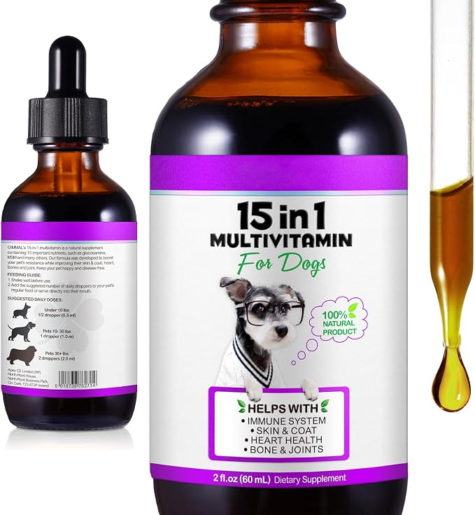 15-in-1 Dog Multivitamin Drops, Liquid Multivitamin Drops for Dogs, 2 oz | with Glucosamine, MSM & Omega for Joint, Heart, Immune & Skin Health, Easy Liquid Drops for Picky Eaters, All Ages, Breeds