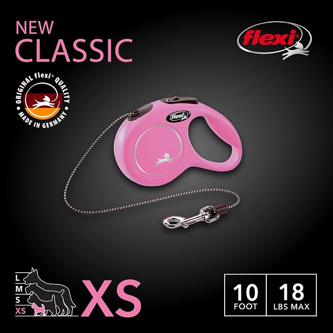 FLEXI® Classic XS Cord Retractable Dog Leash, 3-Finger Grip, 10 ft - Pink | German engineered, Pocket-Size original flexi leash, durable quality for dogs up to 18 lbs, tangle-free,reliable brake system