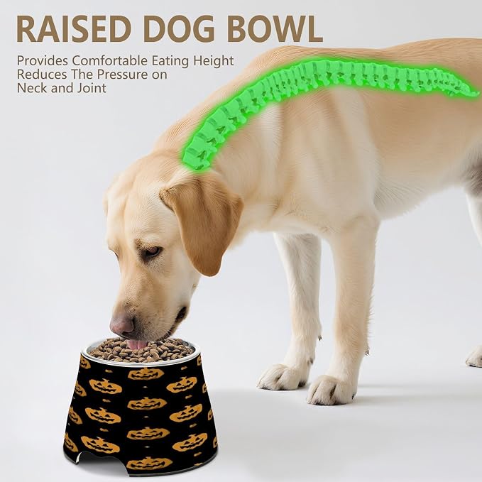 Blueangle Elevated Dog Bowls with Stainless Steel - Non-Slip 2.3 Cup High Capacity Pet Dish for Spinal Health & Orange Pumpkins Design（15）