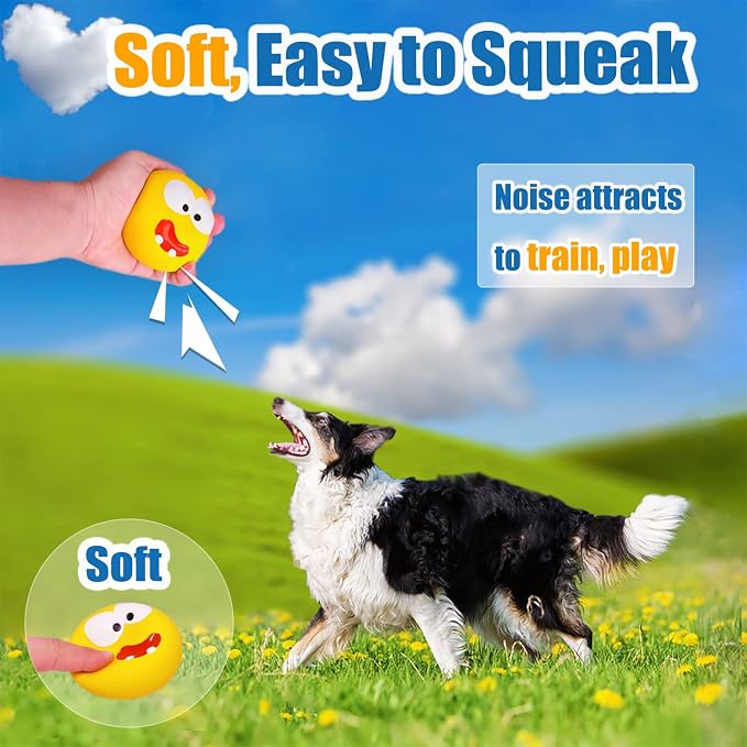 HOLYSTEED 3.3" Latex Squeaky Dog Toy for Large Dog, Medium Breed, Flat Ball | 3.3"x3.3"x1.9" Flat Squeaky Dog Balls 2pcs, Simle Face Puppy Squeak Toys, Soft Pet Ball with Squeaker for Indoor & Outdoor