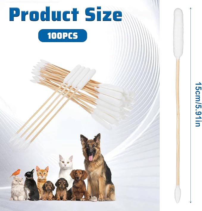 100PCS Long Cotton Dog Ear Swabs Double Sided Dog Ear Swabs 6 Inch Long Cotton Swab Large Double Sided Gentle Lint-Free Clean Wood Buds for Pet Dogs Ears Cleaning Wax Removal