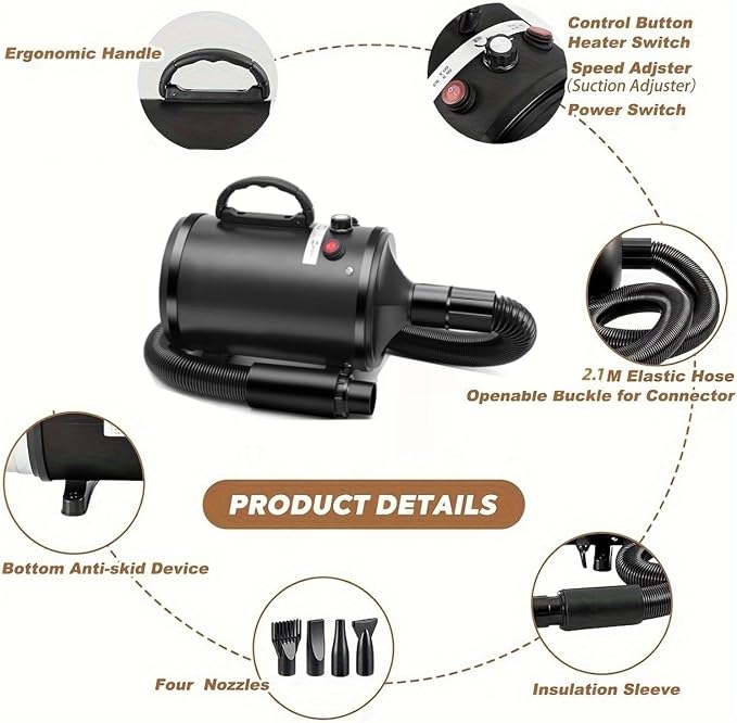 Dog Dryer High Velocity Dog Hair Dryer 3.0HP/2200W, Stepless Adjustable Speed Temperature Dogs Grooming Blow Dryer, Pet Dryer with 4 Nozzles,Blow Dryer for Dogs, Black