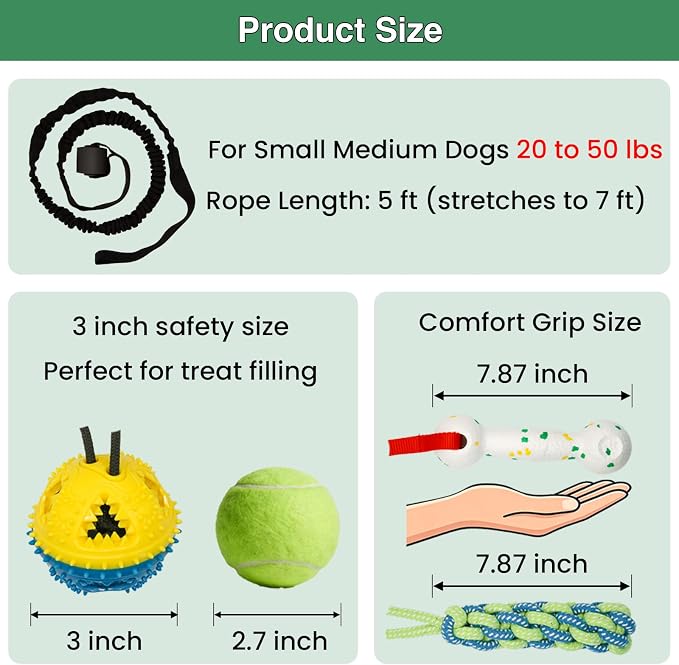 Dog Door Bungee Tug Toy, 4 Pieces, Small Medium Dogs 20 to 50lbs | 5ft Bungee Rope, Indoor & Outdoor Hanging, Tree Tether Rope for Yard, Spring Pole, Interactive, Tug of War, Ball