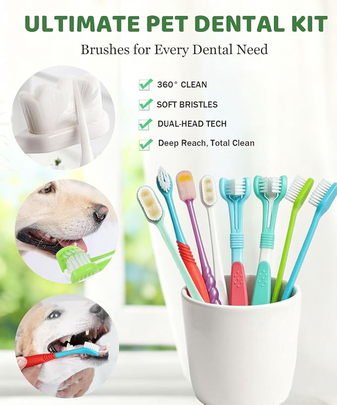 10 Pieces Pet Toothbrush Set for Medium Large Dogs, Extra Long Double-Ended Dog Toothbrush with 360° Brush, Soft Bristle Dental Care Kit with Finger Brushes, Pet Teeth Cleaning Supplies (Multicolor)