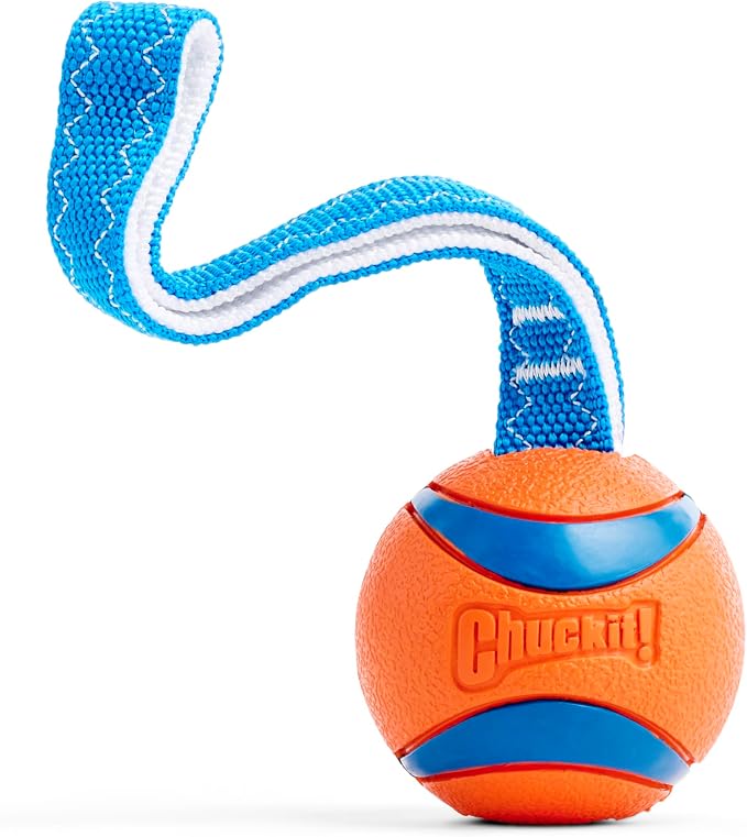 Chuckit! Ultra Tug Dog Toy, Durable Nylon Cord Handle, Large 3-in | Ultra Ball on a Tug-of-War Handle Offers Fetch and Tug Play for Large Breeds 60-100 lbs in Orange and Blue